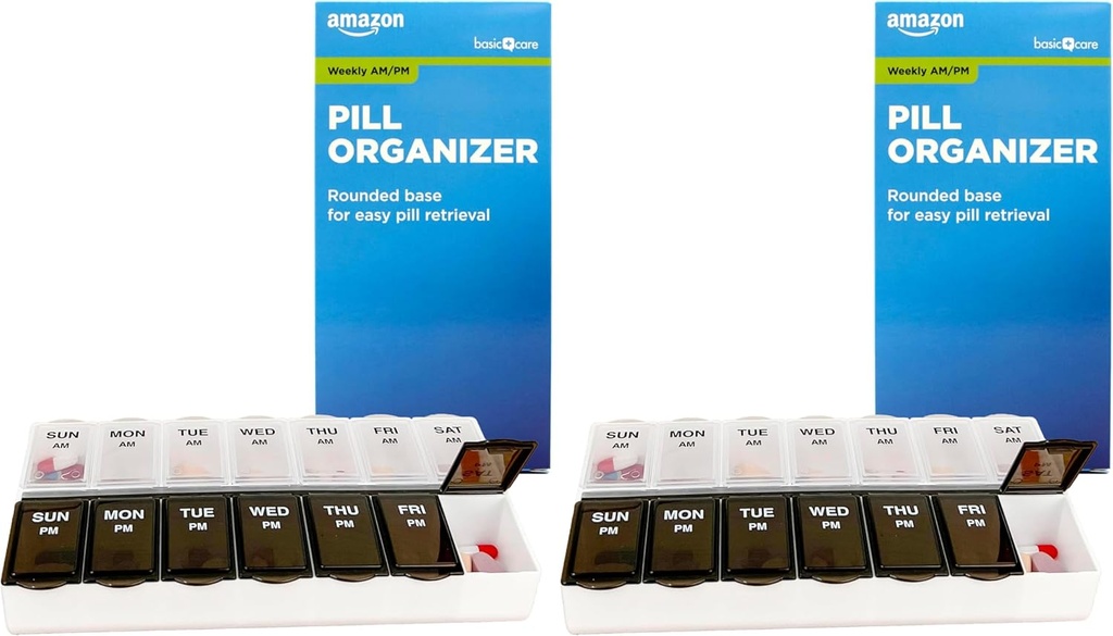   Basic Care (7-Day) AM/PM Pill Organizer, Vitamin Case, and Medicine Box, Large Compartments, 2 Times a Day, Black and Clear Lids (Pack of 2)