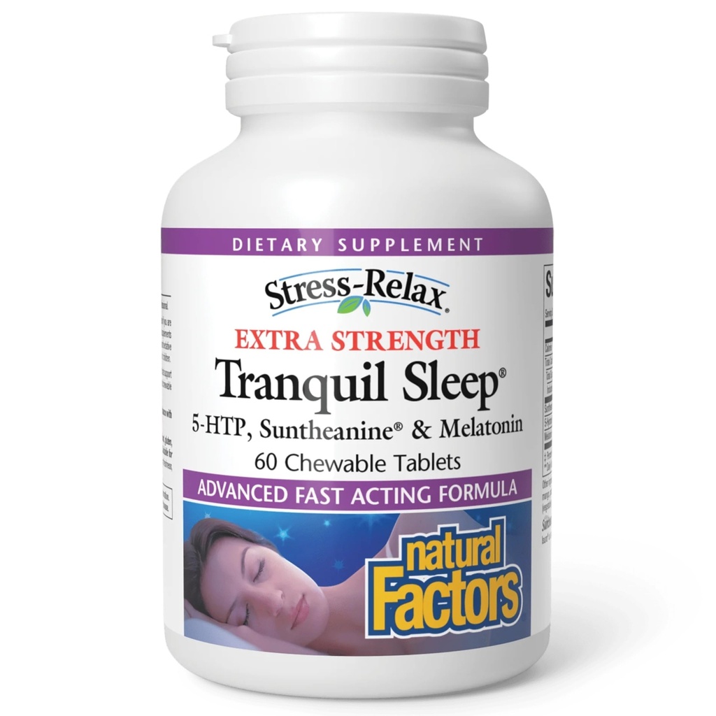 Natural Factors Tranquil Sleep Extra Strength - Calm Sleep Health Supplement - Relaxation Support Supplement with Melatonin & 5-HTP - 60 Chewable Tablets (60 Servings)
