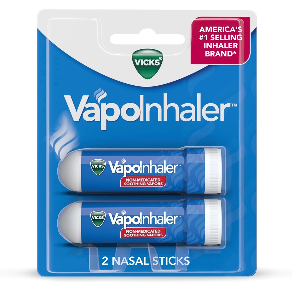 Vicks VapoInhaler, On-the-Go Portable Nasal Inhaler, Non-Medicated, With Refreshing Vicks Vapors, Menthol Scent , 2 Scented Sticks
