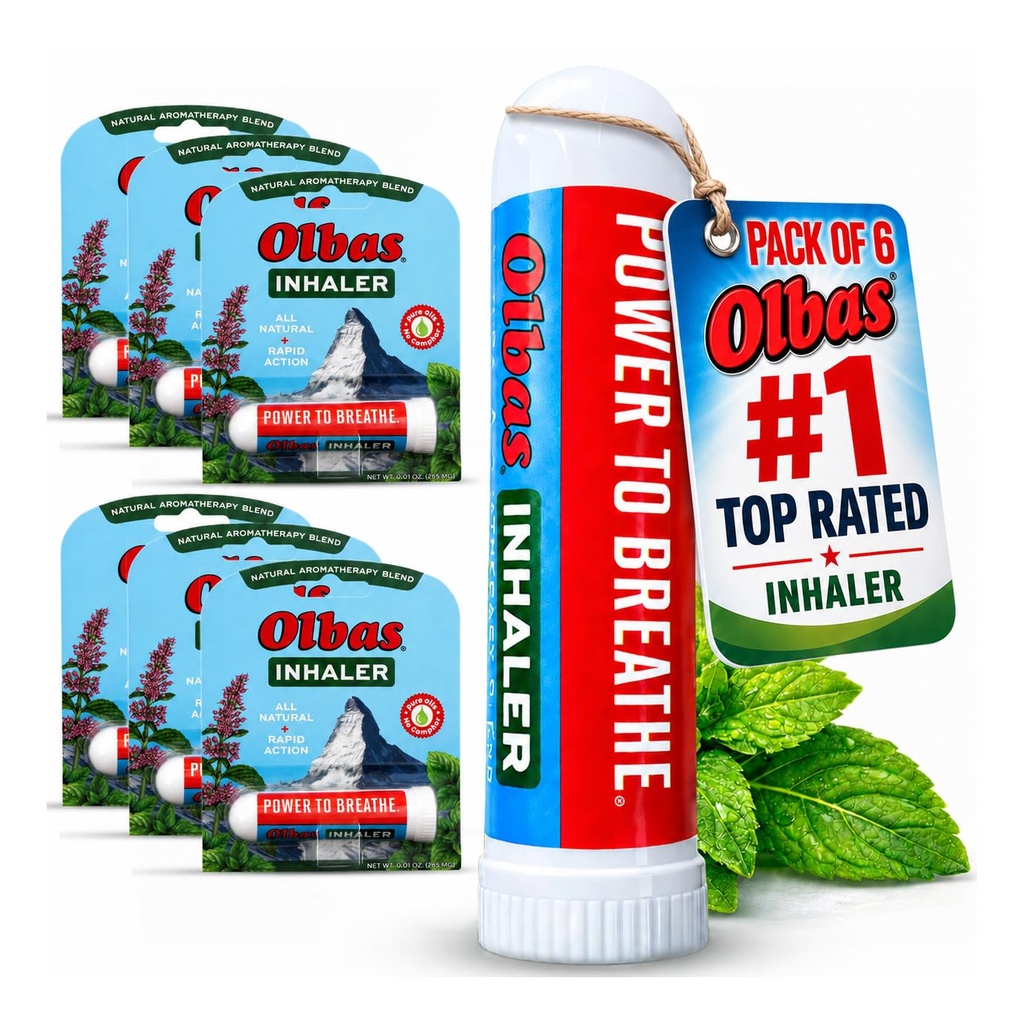 Olbas Inhaler Aromatherapy, Essential Oil Inhaler with Natural Oils, 0.01 Oz Each, 6 Pack, Pocket Sized Nasal Inhaler Stick for Clear Breathing and Sinus Relief