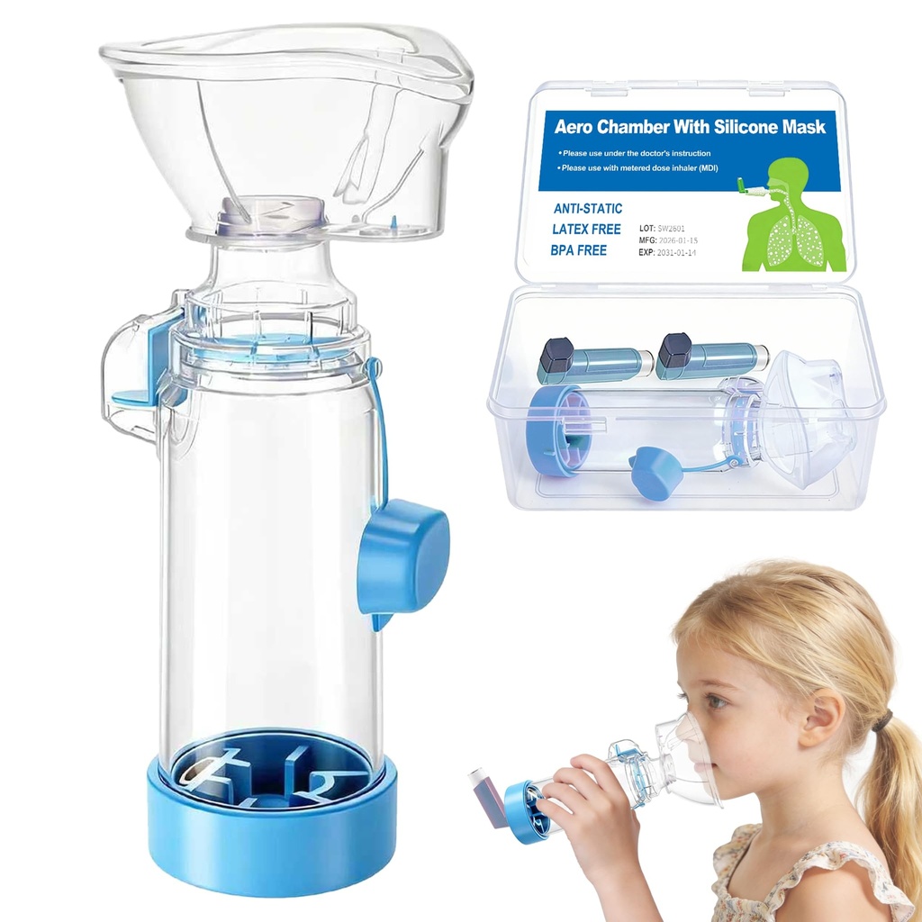 Inhaler Spacer for Kids with Inhaler Case, OTC Spacer for Inhaler with Silicone Mask, FSA-HSA Eligible, Case Holds MDI & Asthma Care Essentials (Blue/Kids)