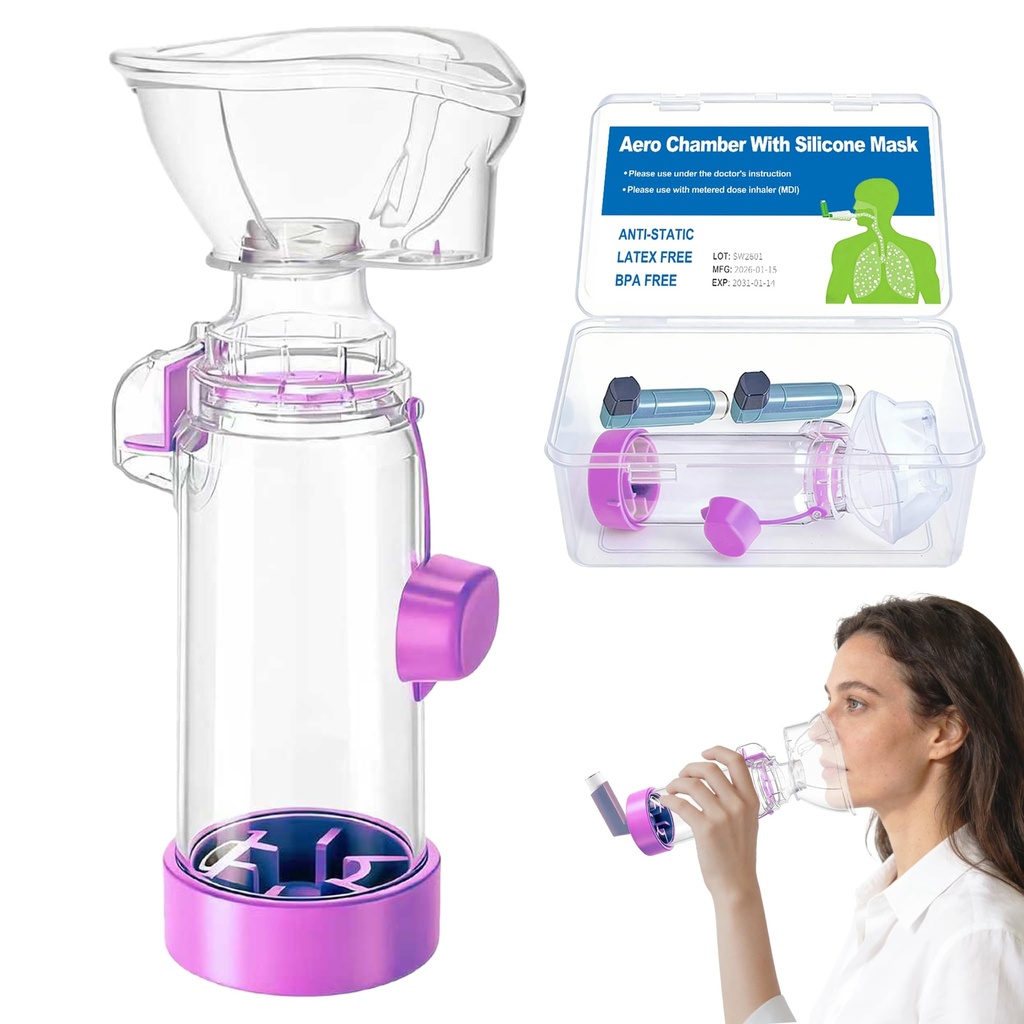 Inhaler Spacer for Adults with Inhaler Case, OTC Spacer for Inhaler with Silicone Mask, FSA-HSA Eligible, Case Holds MDI & Asthma Care Essentials (Purple/Adult)