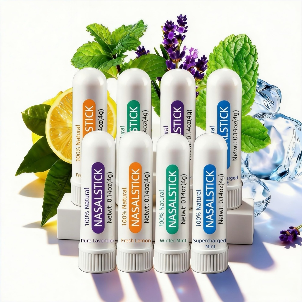Nasal Stick, 8 Pack Nasal Inhaler Sticks | 4 Scents Variety Set | Refreshing Menthol Inhaler for Focus & Energy | Portable Nose Stick for Study, Work & Driving(Peppermint, Wintermint, Lavender, Lemon)