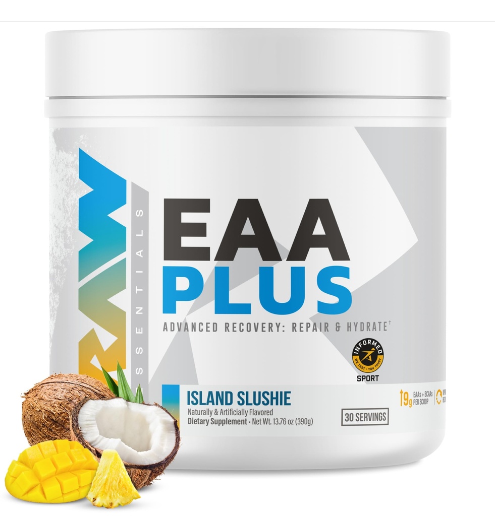 RAW EAA Plus, Amino Acids Powder, Island Slushie (30 Servings) - Pre Workout Amino Energy Powder for Advanced Endurance, Recovery & Lean Muscle Growth - BCAA Amino Acids Supplement for Men & Women