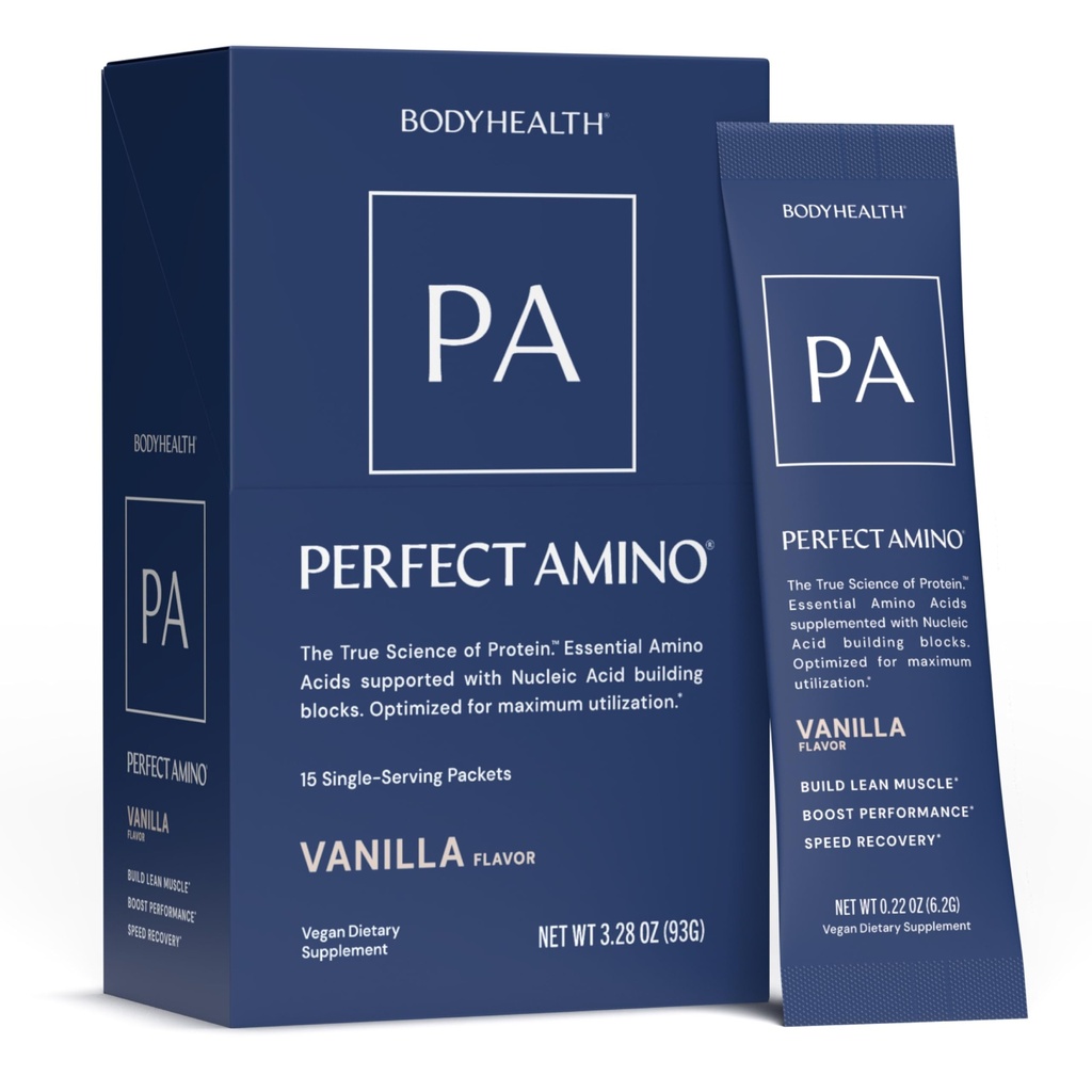 BodyHealth PerfectAmino Powder - BCAA and EAA Powder for Pre and Post Workout - Amino Acid Energy Drink for Men and Women to Support Lean Muscle and Recovery - Vanilla - Stick Packs - 15 Servings