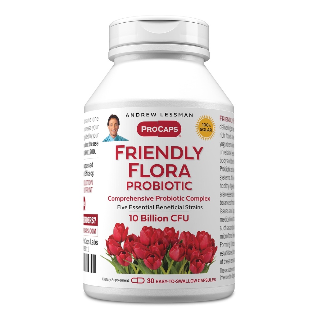 ANDREW LESSMAN Friendly Flora Probiotic 30 Capsules - 10 Billion CFU, Comprehensive Blend of Five Probiotic Strains, Powerful Immune and Digestive Support. Probiotics for Women or Men