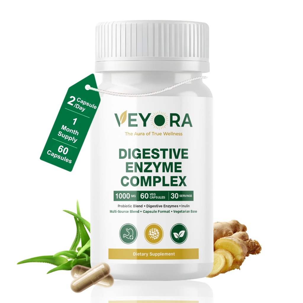 Digestive Enzyme Complex | 60 Vegan Capsules | Digestive Enzyme Blend, Probiotic, Inulin Prebiotic, Ginger Root Extract & Aloe Vera | Dietary Supplement | Non-GMO | Gluten-Free | Made for USA