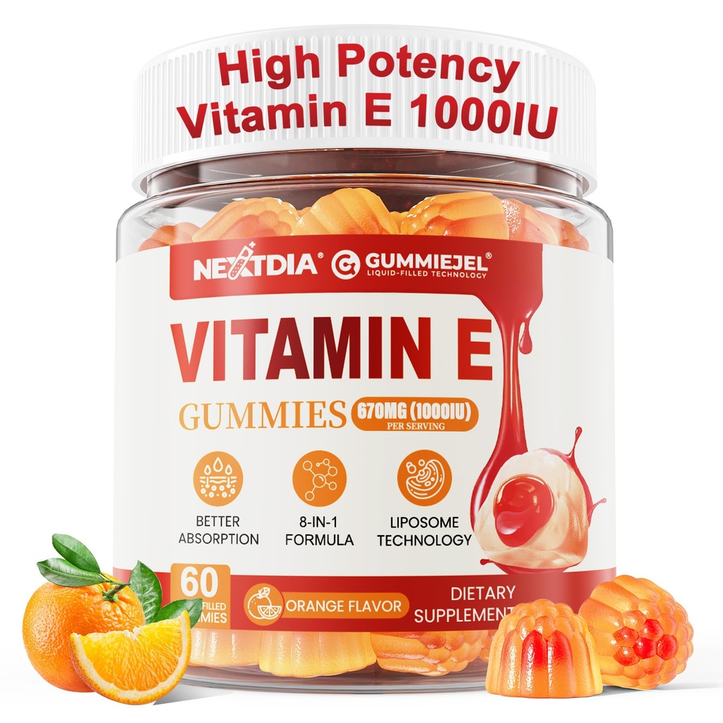 Liposomal Vitamin E Gummies 1000IU - Natural Forms of Vitamin E, with Mixed Tocopherols | 8-in-1 Antioxidant Formula with CoQ10, Omega-3, Vitamin C & Turmeric | for Skin, Eye, Immune & Brain, 1 PACK