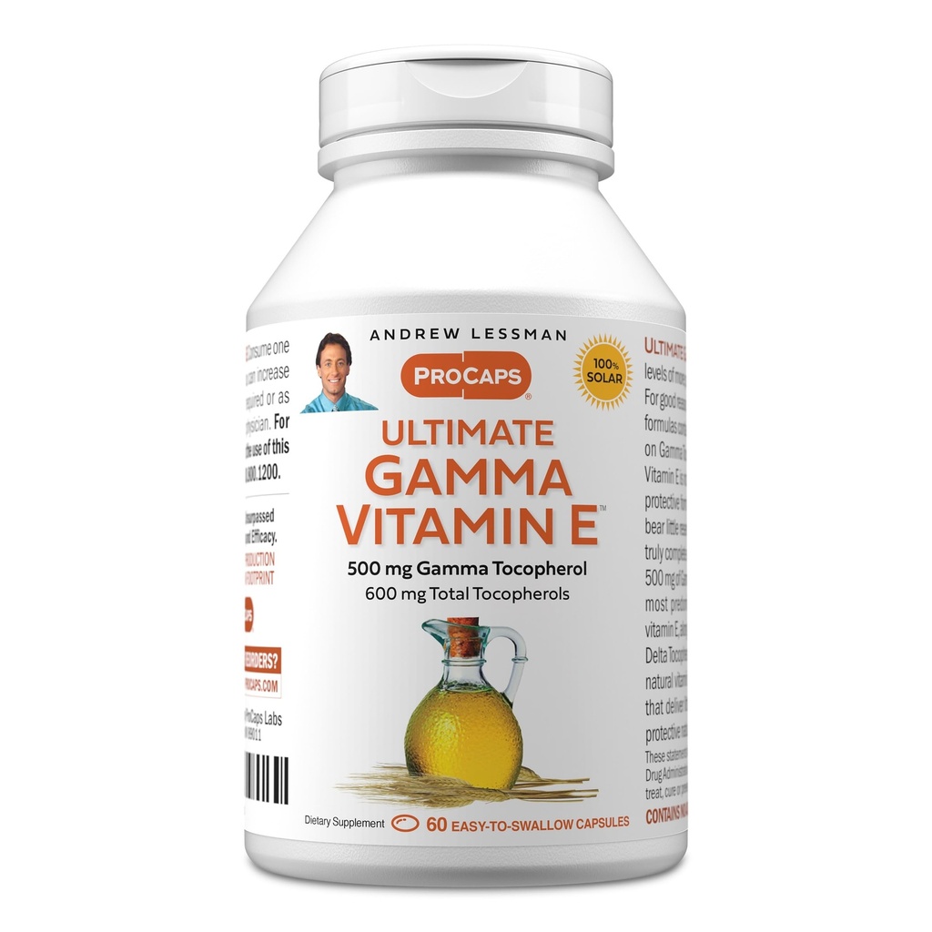 ANDREW LESSMAN Ultimate Gamma Vitamin E 60 Softgels - 500 mg Gamma Tocopherol, Protective Vitamin E. Four High Potency Forms of Natural Tocopherols. Powerful Anti-Oxidant. No Synthetic Forms