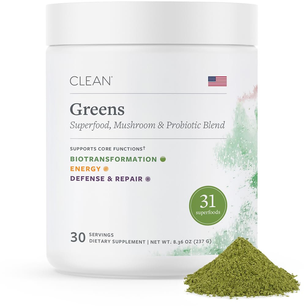 CLEAN Greens Superfood Powder - Organic Green Blend with Probiotics, Mushrooms & Adaptogens for Energy, Gut Health & Daily Nutrition - Apple Flavored Plant-Based Greens Supplement - 30 Servings