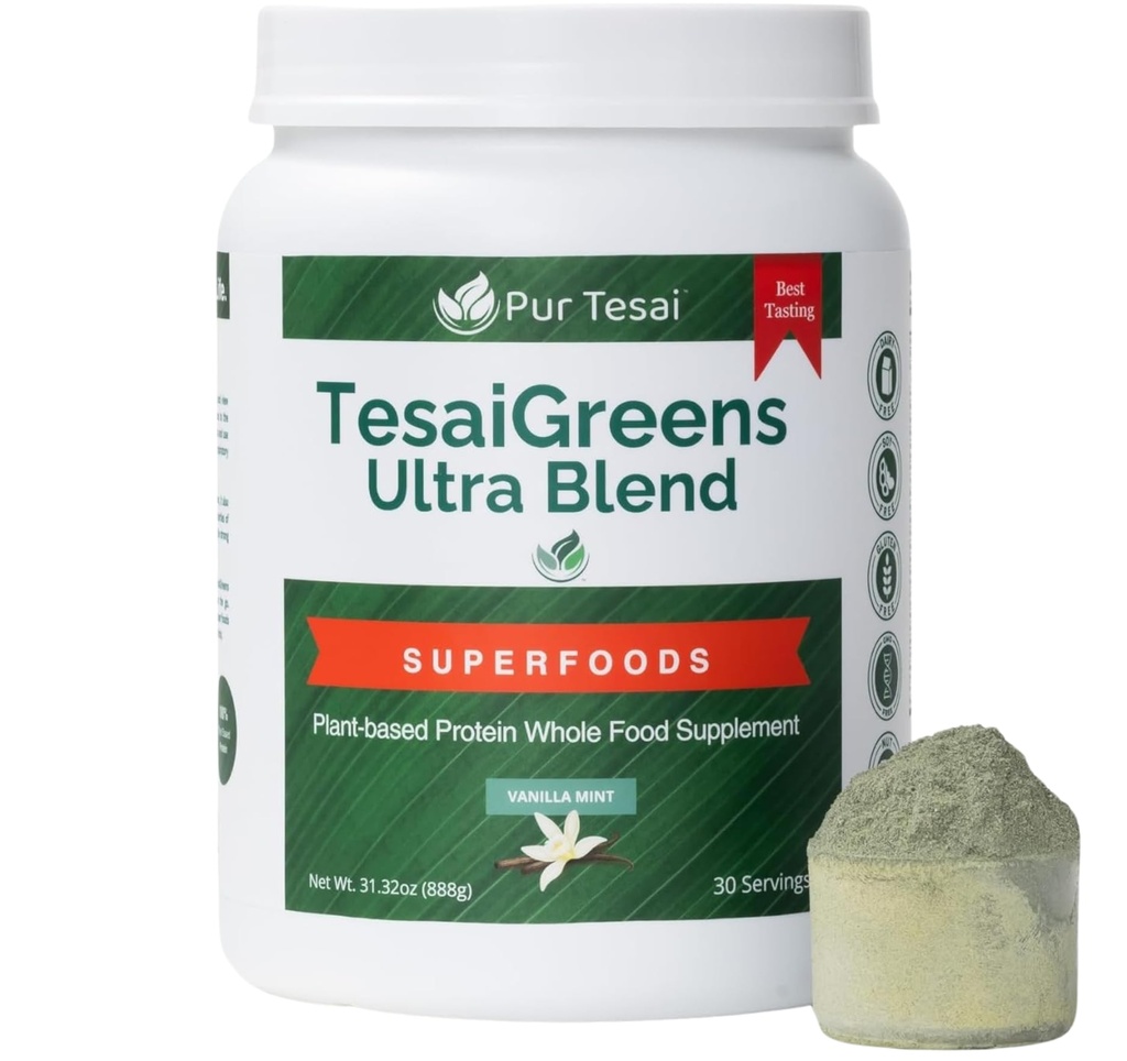 TesaiGreens Ultra Blend Superfood Nutritional Powder, Plant-based, 16g Protein, 7 Billion Probiotics, Vitamins, Mushrooms & Adaptogen, Energy, Immunity & Gut Health Support, Meal Replacement