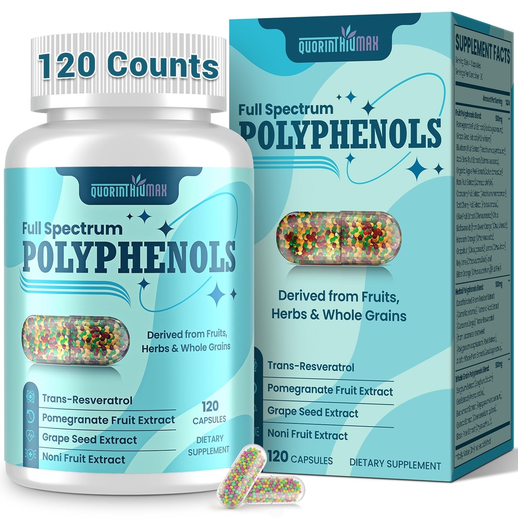 (120 Count) Polyphenols Supplement 1500mg – Over 20 Fruit, Herbal & Cereal Full Spectrum Polyphenol Complex with Resveratrol, Grape Seed & Green Tea – Tri-Color MicroBeadlets – Powerful Antioxidant