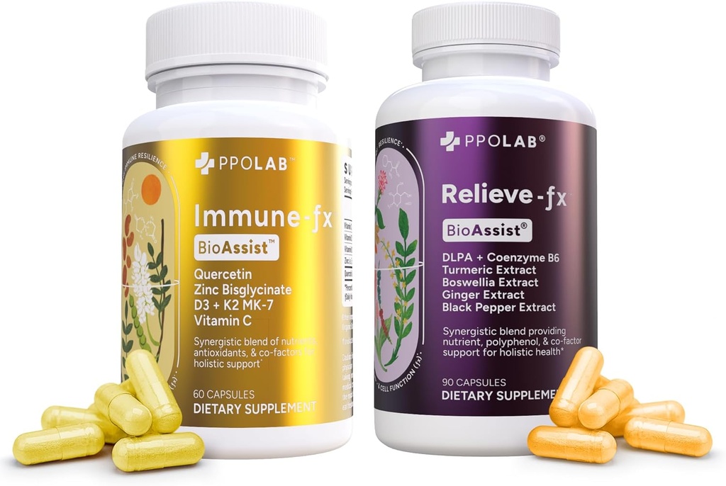 BioAssist® Relieve-Fx + Immune-fx, Recovery Relief Joint Detox Mood Immune Pulmonary Lung Supplement Factors, Clean Certified®, Non-GMO