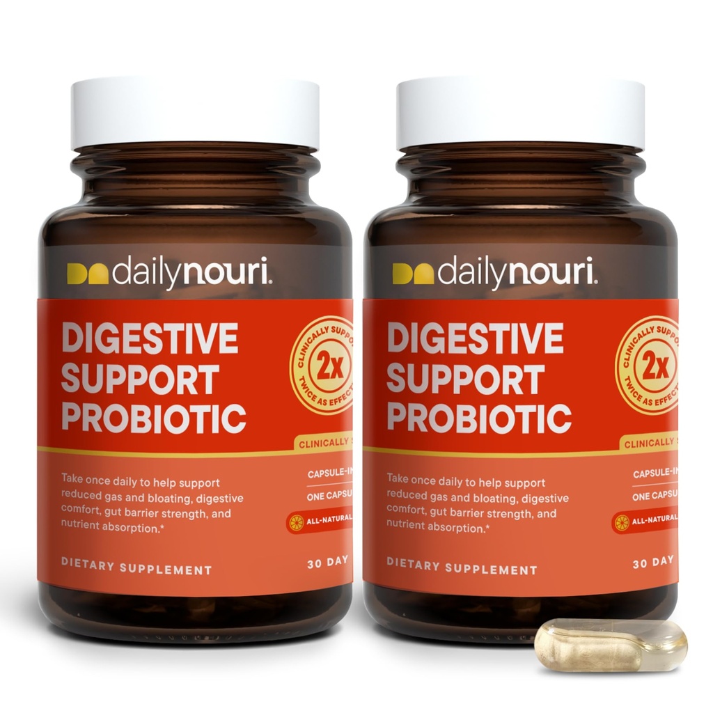 Daily Nouri Digestive Support Probiotics for Women & Men | Bloating & Gas Relief | 3 Clinically Studied Strains + Omega | 60-Day Supply