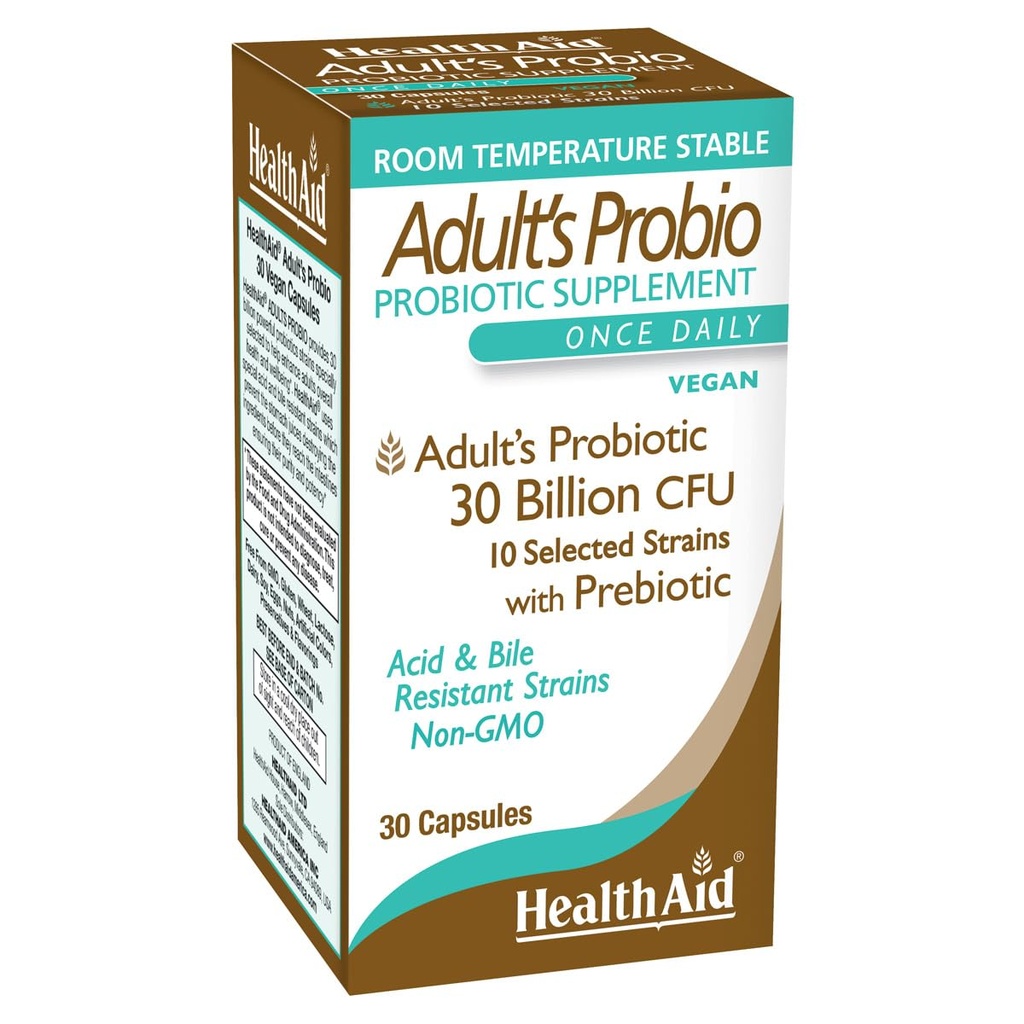 HealthAid Adults Probiotic 30 Billion CFU – 10 Strains with Prebiotic – Daily Digestive & Microbiome Support – Once Daily, Acid & Bile Resistant, Vegan*