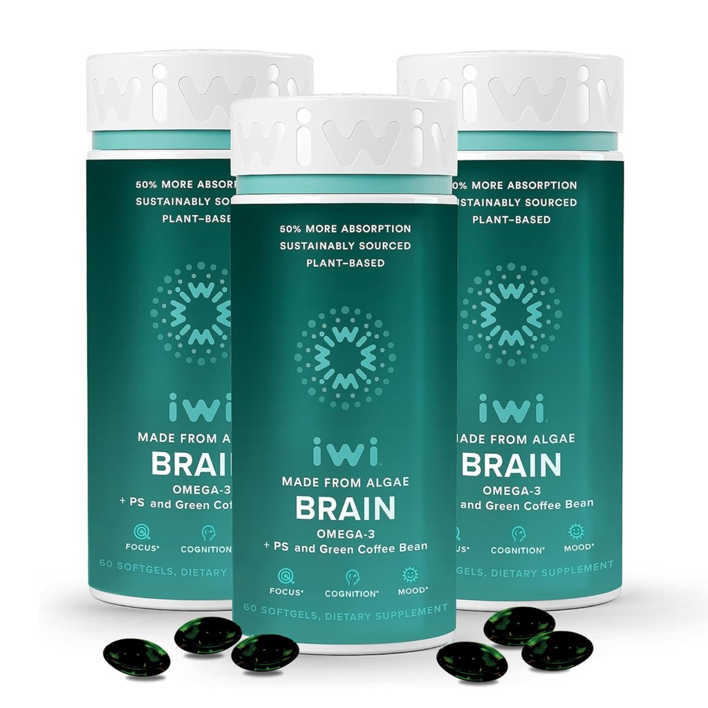 iwi ζωή Εγκέφαλος Omega-3, 180 Softgels (90 εξυπηρετούν), Vegan Plant-based Algae Omega-3 με EPA + DHA, Focus, μνήμη και υποστήριξη Mood Συμπλήρωμα διατροφής, Κριλ & Fish Oil Εναλλακτική, Δεν Fishy Επίγευση