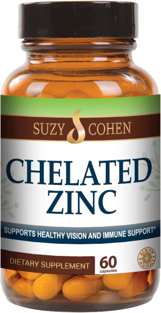 Suzy Cohen Chelated Zinc Συμπληρώματα - 60 κάψουλες Απαλό στο στομάχι - Ο ψευδάργυρος είναι για υγιή ανάπτυξη κυττάρων και DNA Σχηματισμός - Υποστηρίζει υγιή ανοσοποιητική λειτουργία και την υγεία του δέρματος