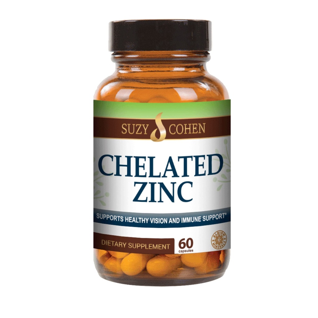 Suzy Cohen Chelated Zinc Supplements - 60 Capsules Gentle on the Stomach - Zinc is for Healthy Cell Growth and DNA Formation - Supports Healthy Immune Function and Skin Health