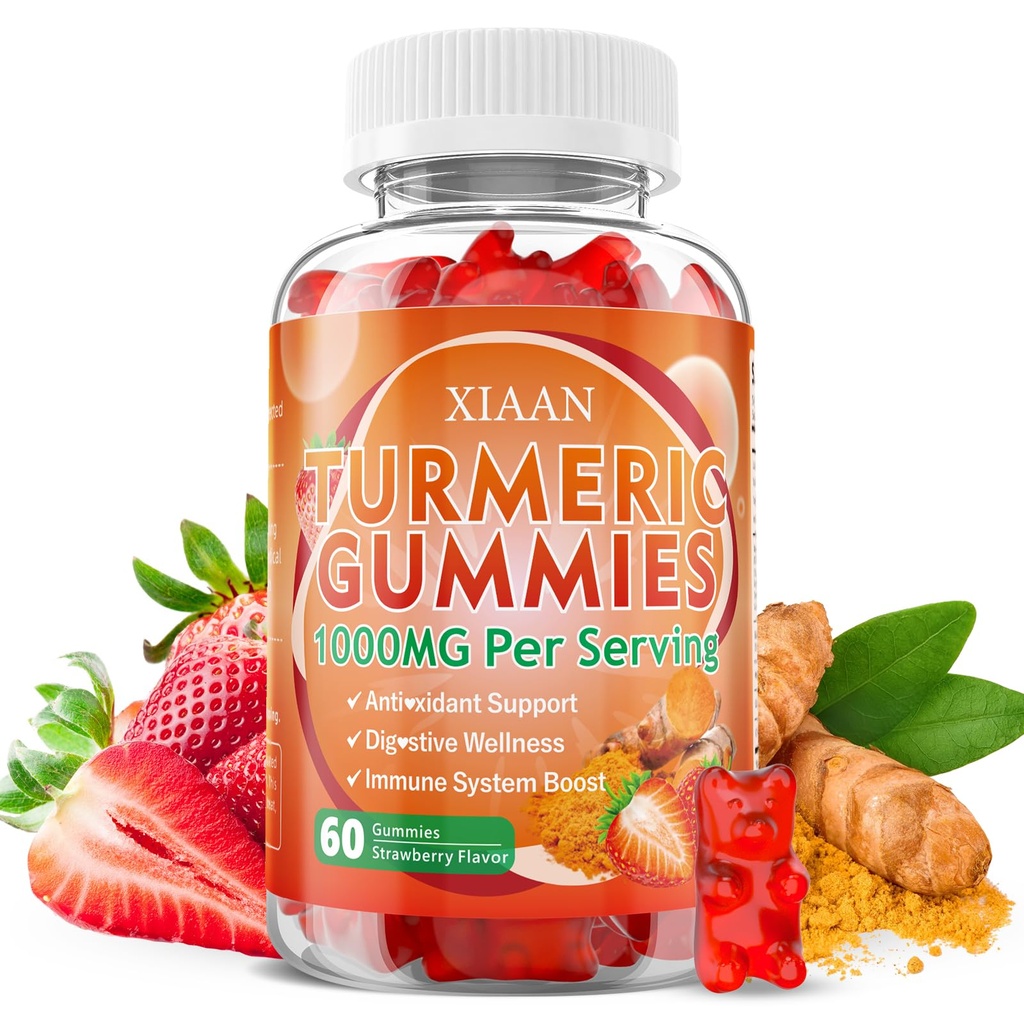 Turmeric Gummies 1000mg, Organic Turmeric Curcumin Supplement with Black Pepper for Immune & Muscle Support, Sugar-Free/Vegan/Gluten-Free, Strawberry Flavor 60 Count