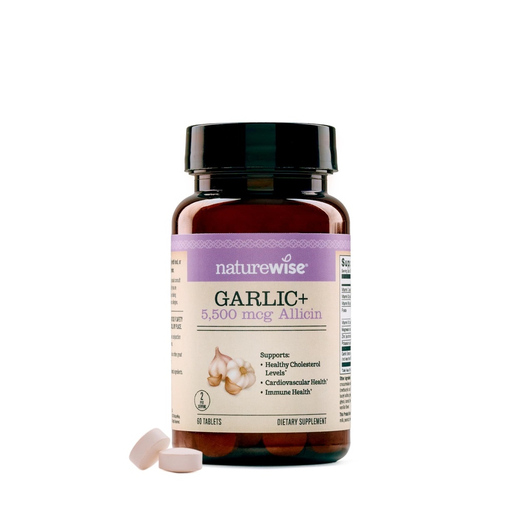 NatureWise Garlic Extract 5,500 mcg Allicin Supplement - Healthy Cholesterol & Blood Pressure Formula + Vitamins B & C - Vegan Tablets w/Enteric Coating, Non-GMO, Gluten-Free, 60 Count [30-Day Supply]