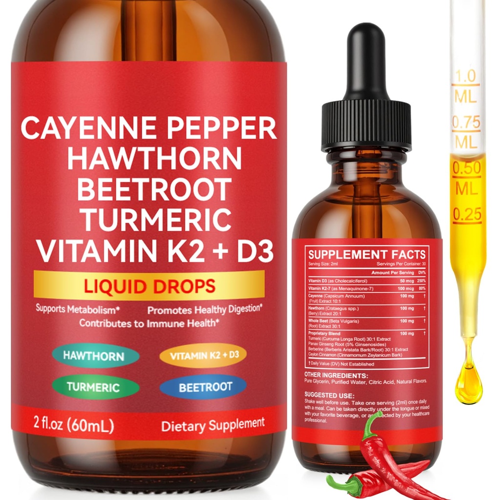 Cayenne Pepper Drops Supplement Liquid with Hawthorn Berry, Vitamin D3 K2 Beet Root Powder, Ceylon Cinnamon, Turmeric Curcumin, Organic Panax Ginseng, Berberine Extract Organic