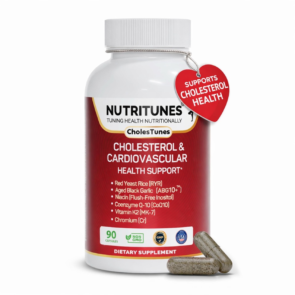 Cholesterol Support Supplement-Red Yeast Rice, Aged Black Garlic & CoQ10 – Advanced Cardiovascular & Heart Health Support with Niacin, Chromium & Vitamin K2 – 90 CholesTunes Capsules