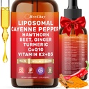 Cayenne Pepper Drops Liposomal Supplement Liquid + Hawthorn Berry, Vitamin D3 K2 Beet Root Powder, Ceylon Cinnamon, CoQ10, Turmeric Curcumin, Cayenne Pepper Extract - 2oz