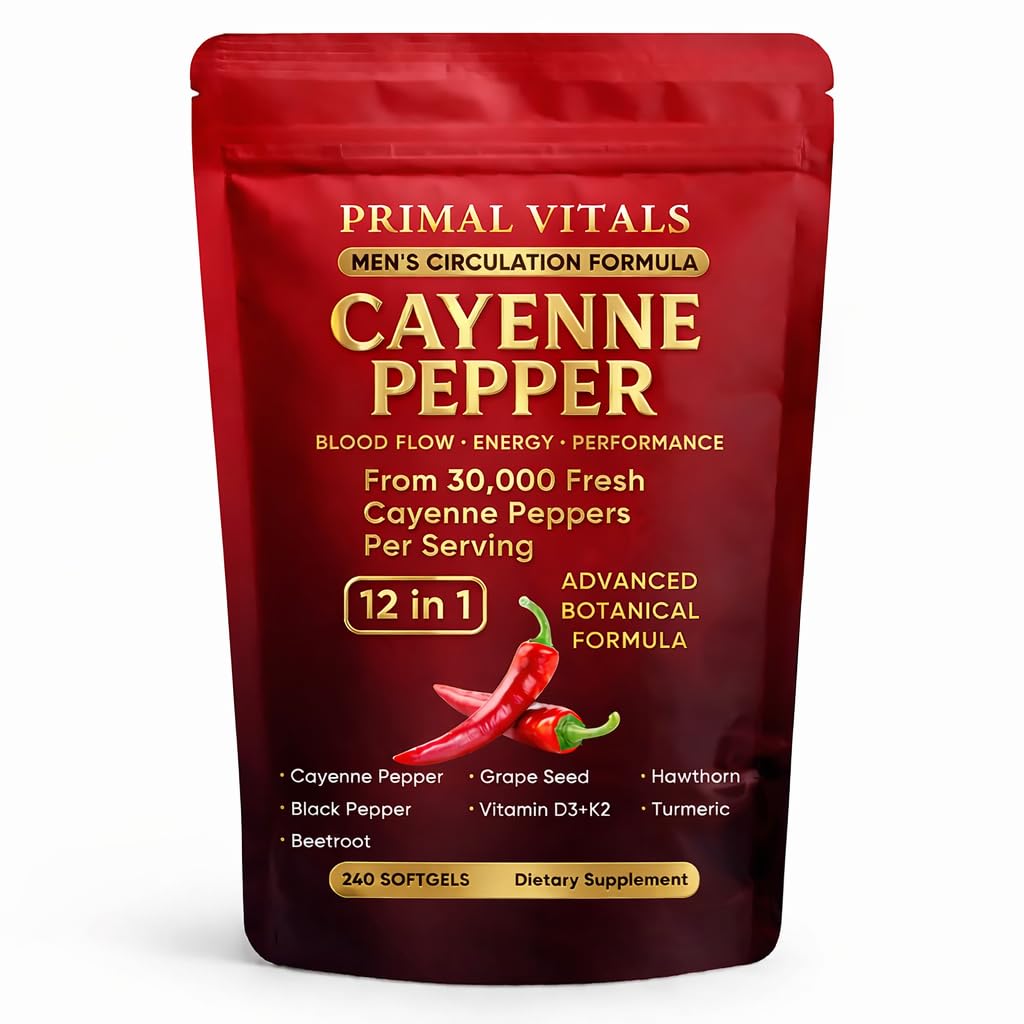 Primal Vitals Cayenne Pepper Softgels - Apex Vitals 12-in-1 Botanical Blend with Grape Seed, Hawthorn, Turmeric, Beetroot, Black Pepper & Vitamin D3 + K2, Wellness & Circulation Support - 240 Softgels