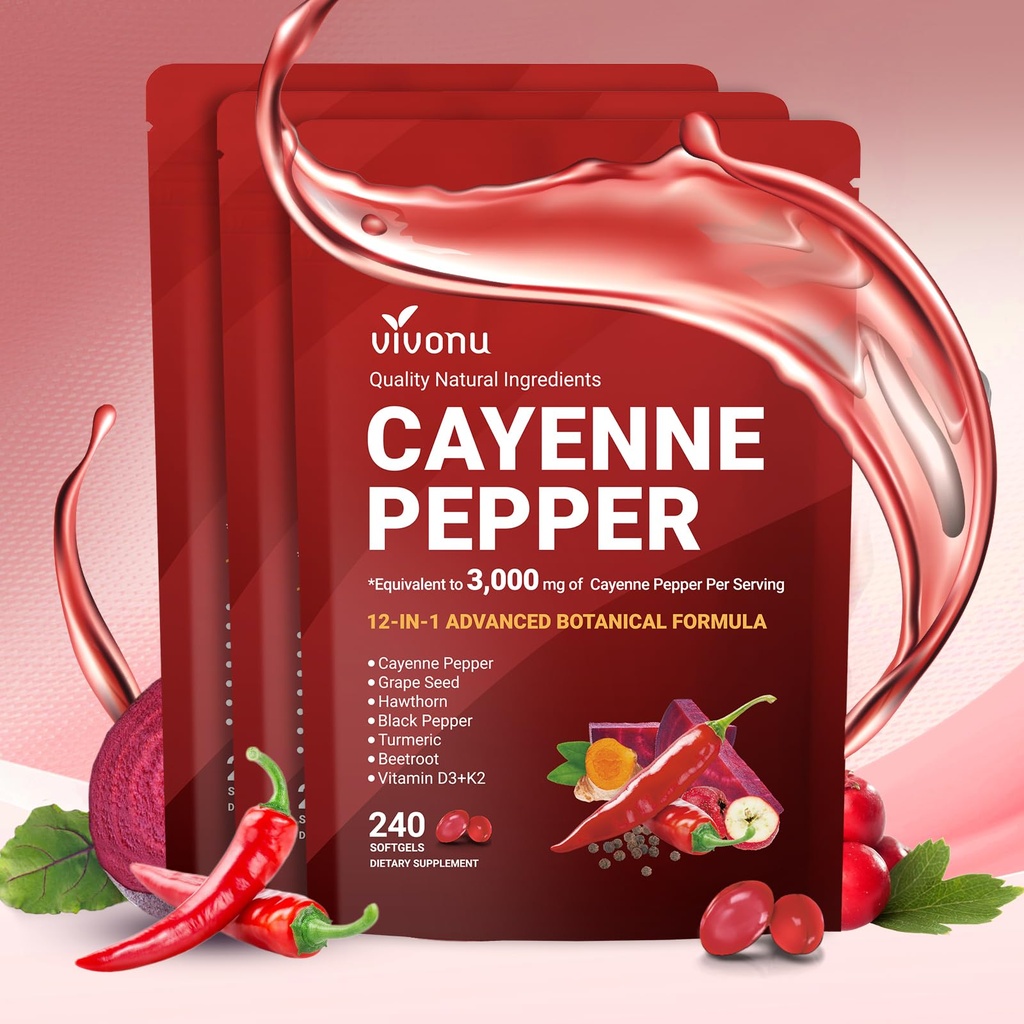 VivoNu Cayenne Pepper Softgels Supplement, Supports Leg Vein, Heart and Blood Vessel Health, with Vitamin E D3+K2 and Extracts of Grape Seed, Hawthorn, Beetroot, Berberine and Other