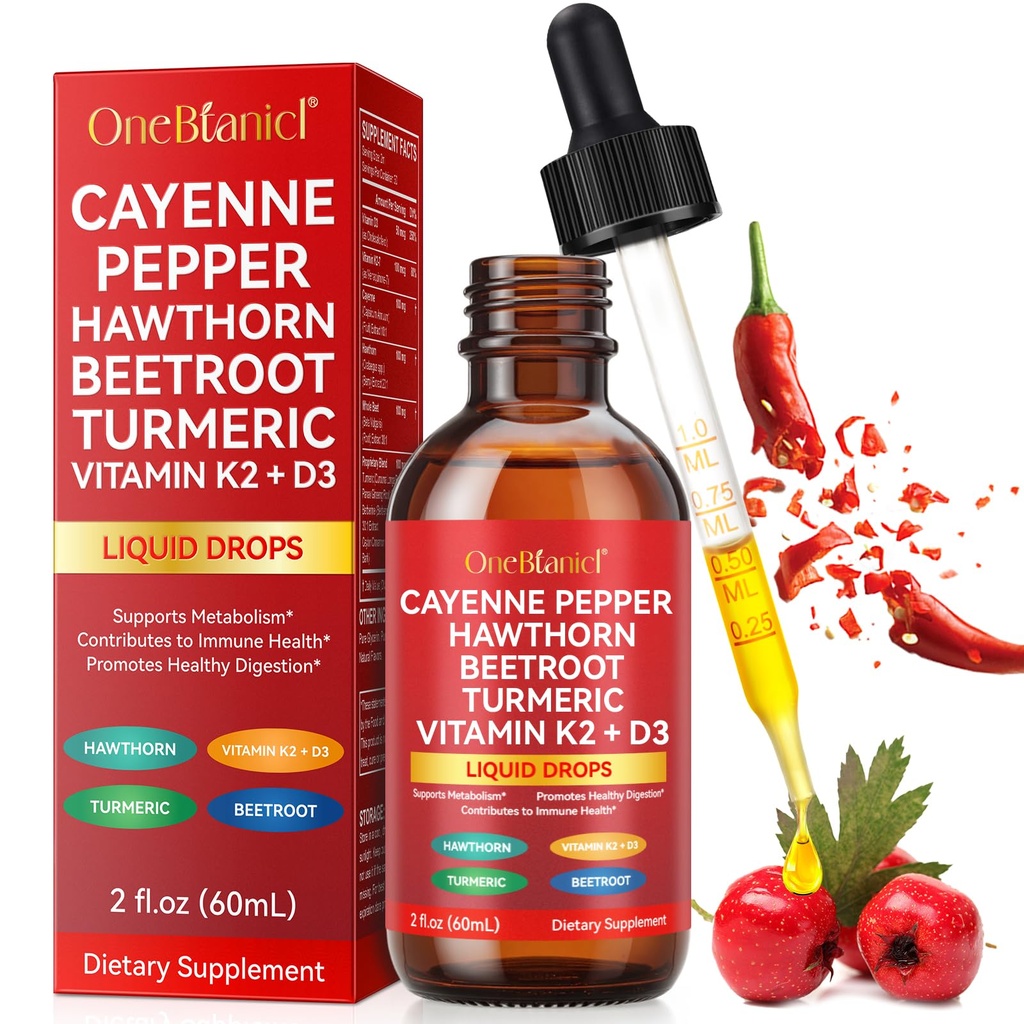 Cayenne Pepper Drops Supplement Liquid 60ml Herbal Supplements Cayenne Pepper Hawthorn Beet Root Turmeric Curcumin, Vitamin K2 & D3 Extract Organic