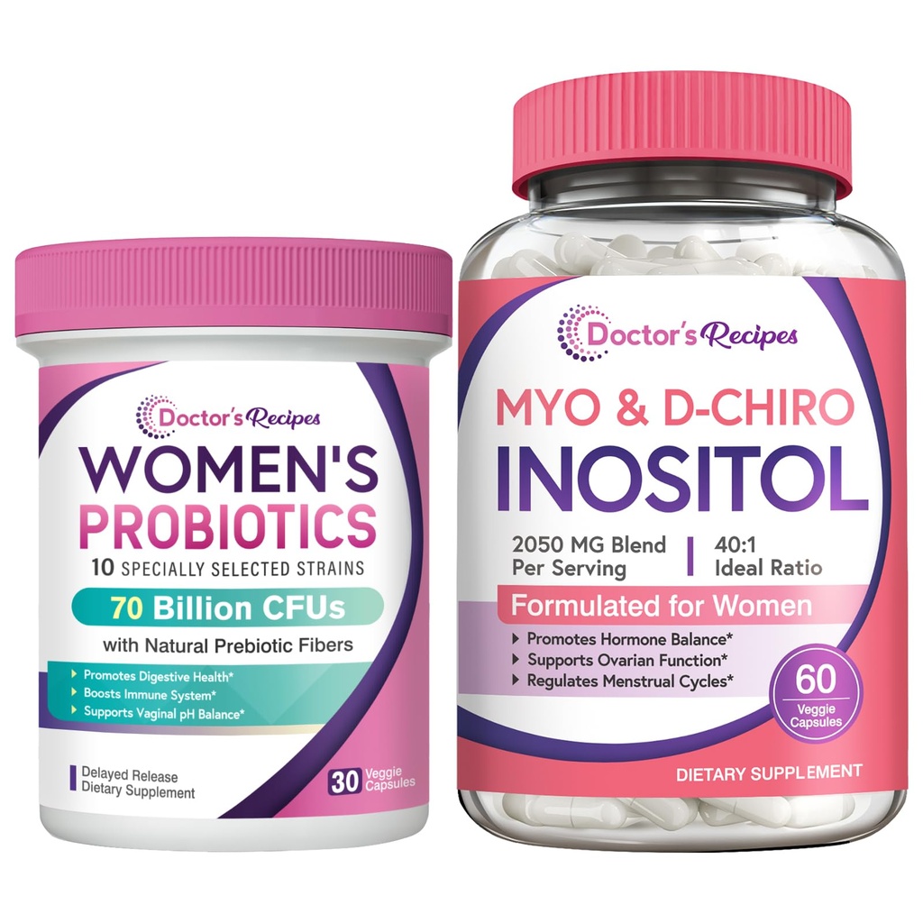 Doctor's Recipes Digestive & Fertility Bundle: Probiotics 70 Billion CFU + Inositol 2050mg, Gut Health, Vaginal Balance & Ovarian Support for Women, 90 Vegan Capsules