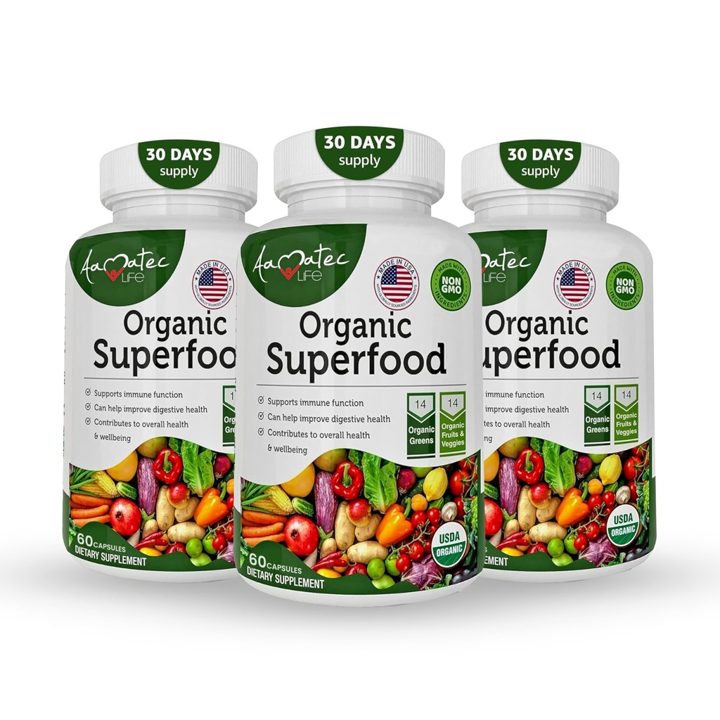 Organic Superfood Greens Fruits and Veggies Complex - Καλύτερο συμπλήρωμα διατροφής με 14 Πράσινα & 14 Φρούτα & Λαχανικά με Αλφάλφα Πλούσια σε Αντιοξειδωτικά Βιολογικά Συστατικά Μη ΓΤΟ (180 Count Pack of 3)