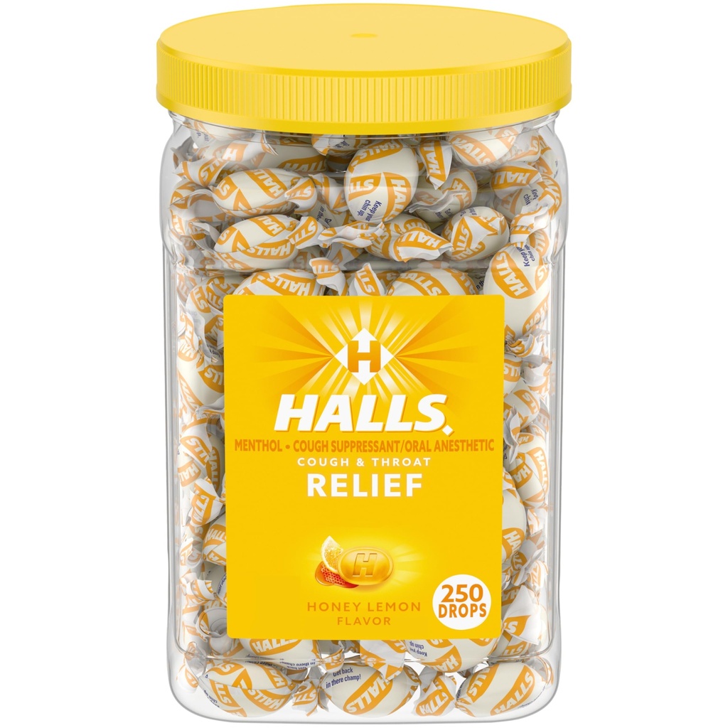 HALLS Cough and Throat Relief Honey Lemon Cough Drops, Bulk Pack, 250 Drops