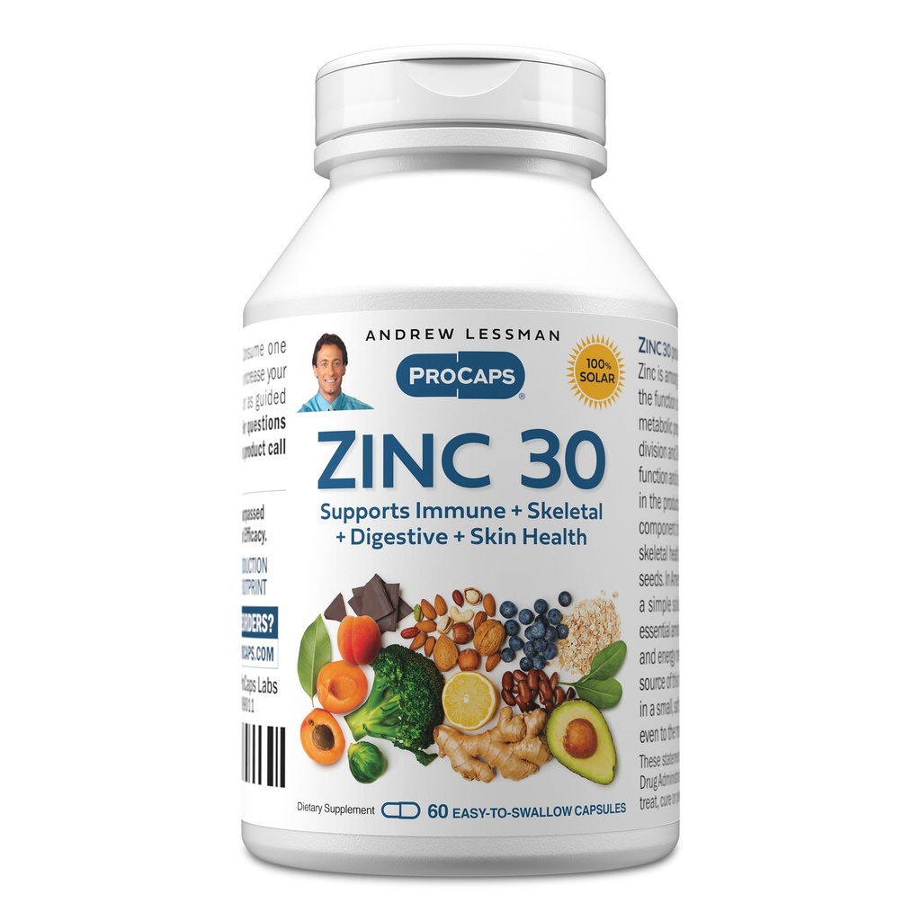 ANDREW LESSMAN Ψευδάργυρος 30mg - 60 κάψουλες - Υψηλής απορρόφησης κιτρικό ψευδάργυρο. Υποστηρίζει το ανοσοποιητικό, το σκελετικό, το διεγερτικό και το δέρμα υγεία. Μικρά Εύκολα Καταπιείτε Καψάκια. Χωρίς πρόσθετα