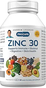 ANDREW LESSMAN Zinc 30mg - 60 Capsules - Highly absorbable Zinc Citrate. Supports Immune, Skeletal, Digestive and Skin Health. Small Easy to Swallow Capsules. No Additives