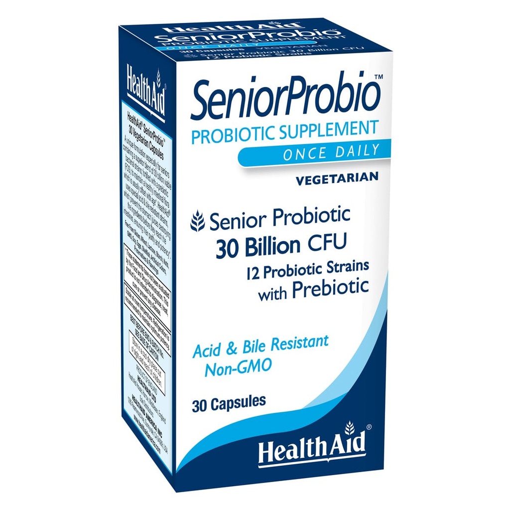 SeniorProbio – Once-Daily Probiotic with Prebiotic Fiber | 30 Billion CFU, Acid & Bile Resistant Strains | 30 Vegetarian Capsules | Lactose, Gluten & GMO-Free