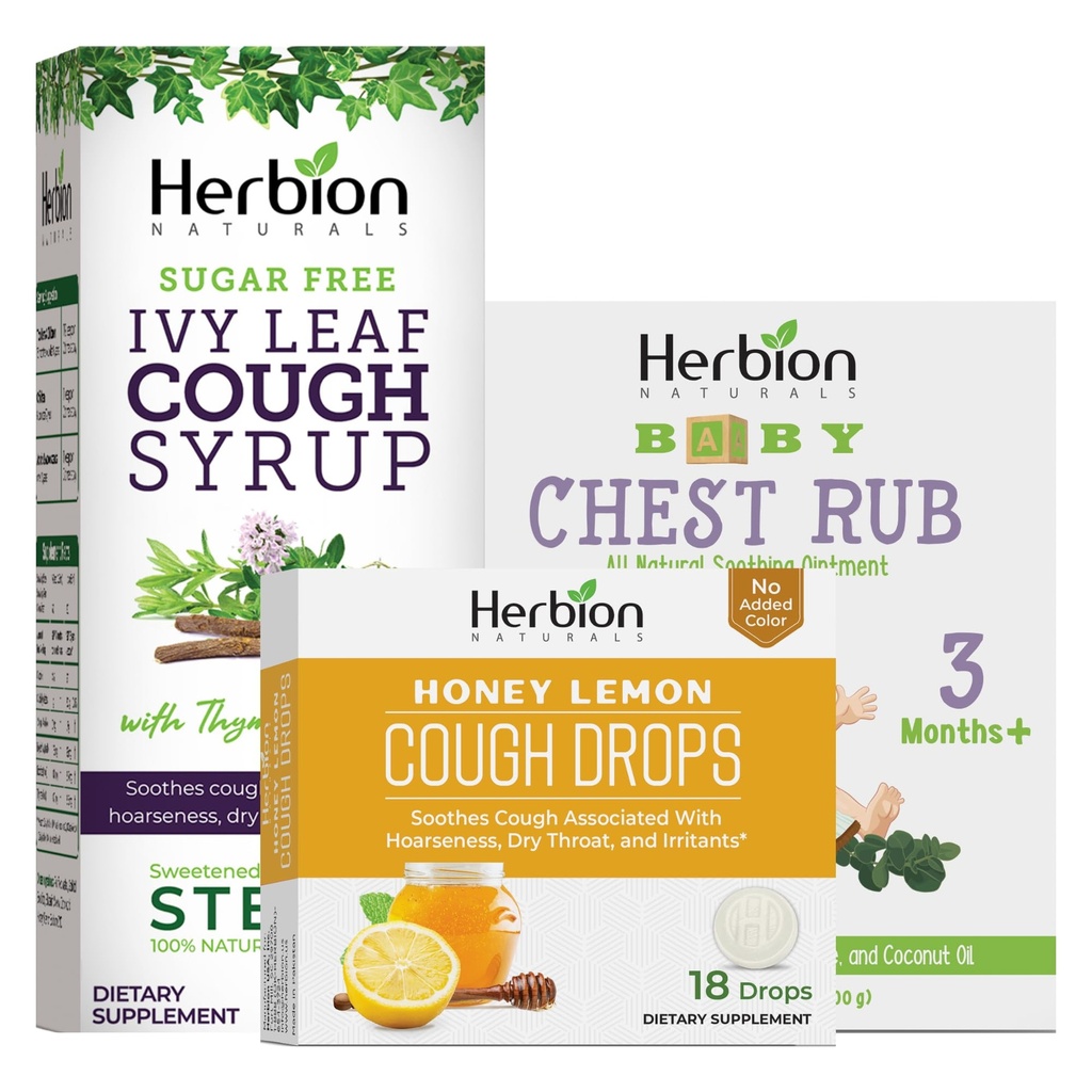 Herbion Naturals Baby Day & Night Relief Bundle – Baby Chest Rub, Ivy Leaf Cough Syrup & Honey-Lemon Cough Drops 18s | Gentle Comfort, Daytime Breathing Support & Nighttime Throat Soothing