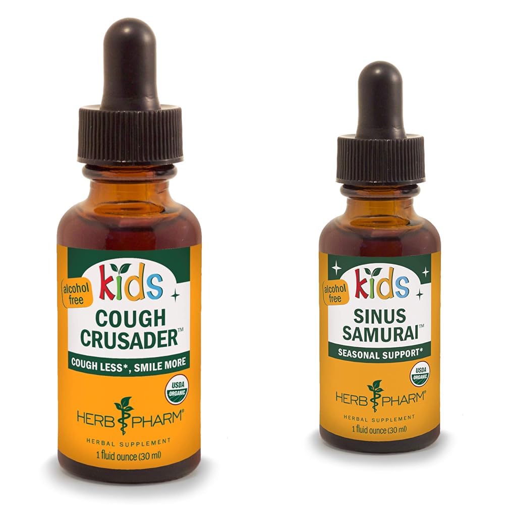 Herb Pharm Kids Certified-Organic Cough Crusader & Sinus Samurai Liquid Herbal Formulas, Wild Cherry & Nettle, 1 Fl Oz Each