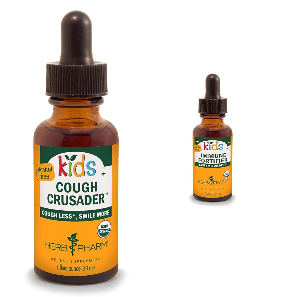Herb Pharm Kids Certified-Organic Alcohol-Free Cough Crusader Wild Cherry Formula and Immune Fortifier Formula Bundle, 1 Fl Oz and 1 Ounce