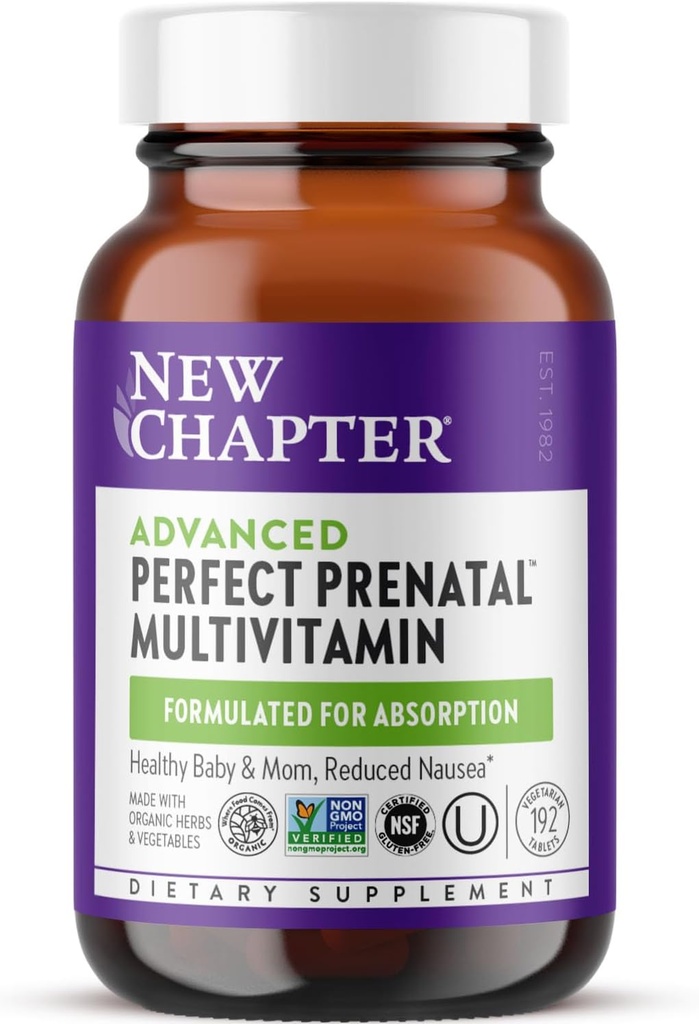 New Chapter Advanced Perfect Prenatal Vitamins, 192ct, Made with Organic, Non-GMO Ingredients for Healthy Baby & Mom - Folate (Methylfolate), Whole-Food Farmed Iron, Vitamin D3 + Ginger