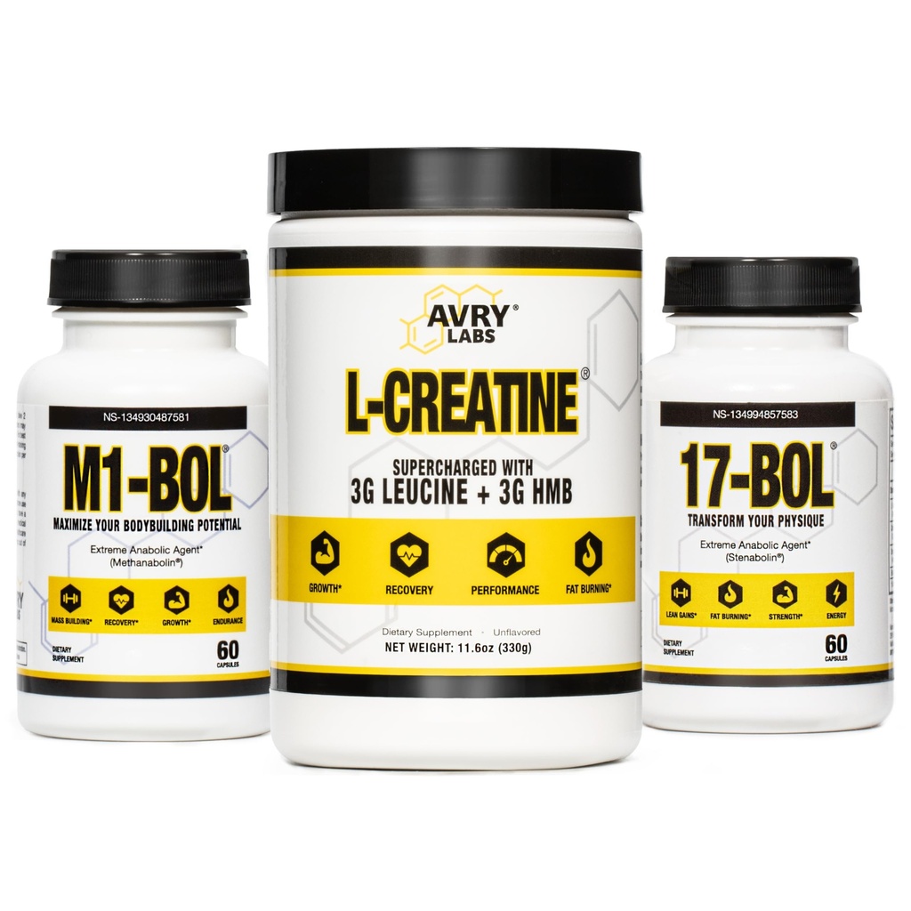 Avry Labs Triple Stack, M1-BOL and L-CREATINE - Extreme Anabolic Supplements for Muscle Growth, Recovery and Endurance