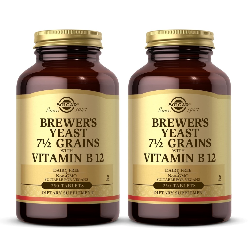 Solgar Brewer's Yeast 7 ½ Grains with Vitamin B12 - 250 Tablets, Pack of 2 - Non-GMO, Vegan, Dairy Free, Kosher - 82 Total Servings