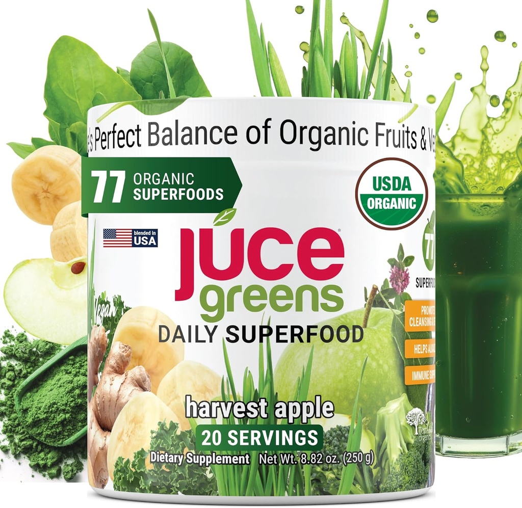 Terra Kai Organics JUCE Green Superfood Powder, Organic Fruits and Veggies Supplement W/ 77 Superfoods Plus Prebiotic Probiotic Blend, Συγκομιδή Apple Flavor - 20 Μερίδες (250 g)