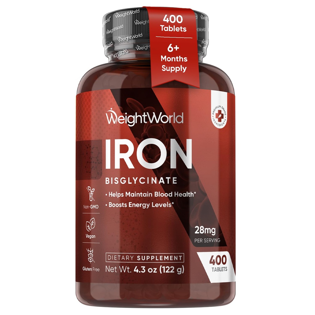 WeightWorld Chelated Iron Bisglycinate 28mg Tablets for Blood Health & Energy (6-Month Supply) - Gentle Iron Supplement Vegan - 400 Tablets - Ferrous Bisglycinate for Women & Men - Non-GMO