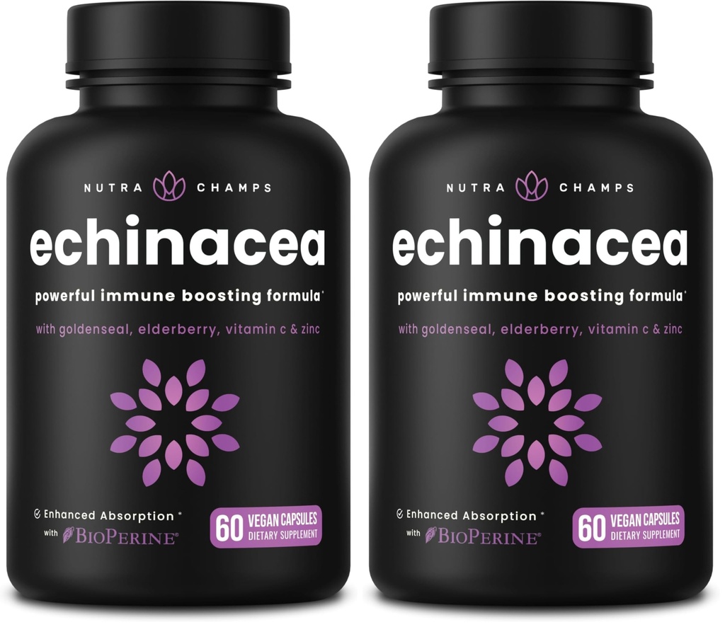 NutraChamps Echinacea Capsules 1000mg - 8-in-1 Immune Support Supplement - Echinacea Goldenseal, Vitamin C, Zinc, Ginger, Elderberry - 60 Capsules (Pack of 2)