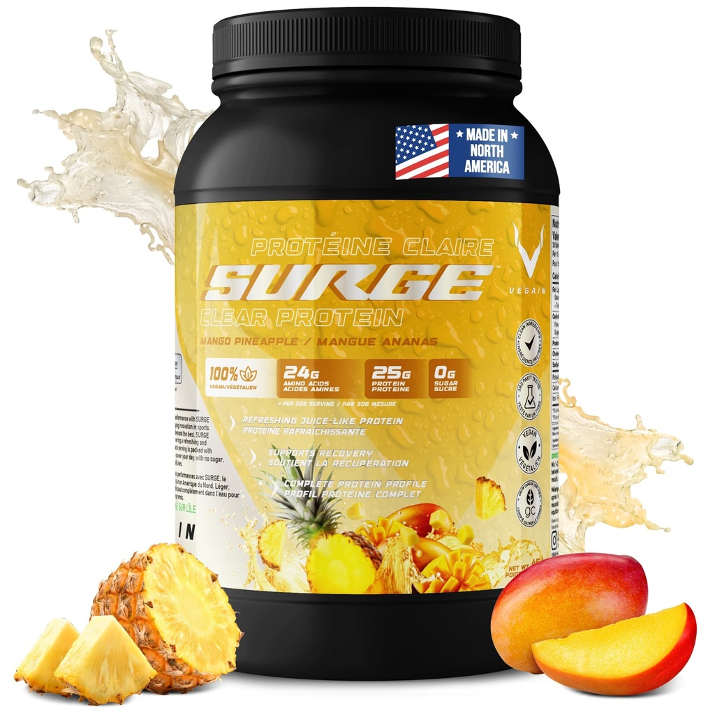 PRO-SURGE Clear Protein Powder Mango Pineapple Flavor 454g - 30 Scoops, 25g Plant-Based Protein Isolate - Sugar-Free, Dairy-Free, Soy-Free, Gluten-Free Hydration, Clear & Refreshing Juice-Like Drink