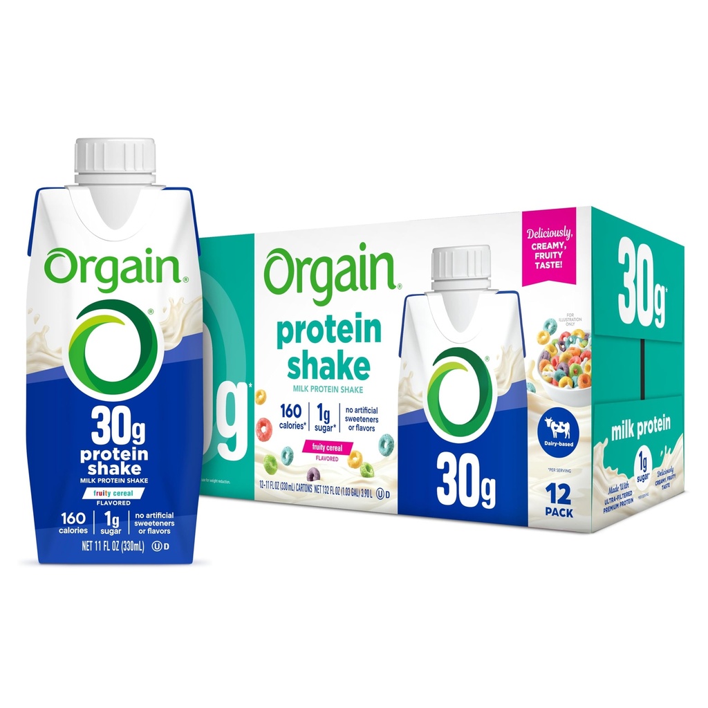 Orgain 30g High Protein Shake, Dairy Isolate Milk Protein, Fruity Cereal, 5g BCAAs, <1g Sugar Per Serving, Meal Replacement, Ready to Drink, Keto Friendly, Gluten-Free 11 Fl Oz (Pack of 12)