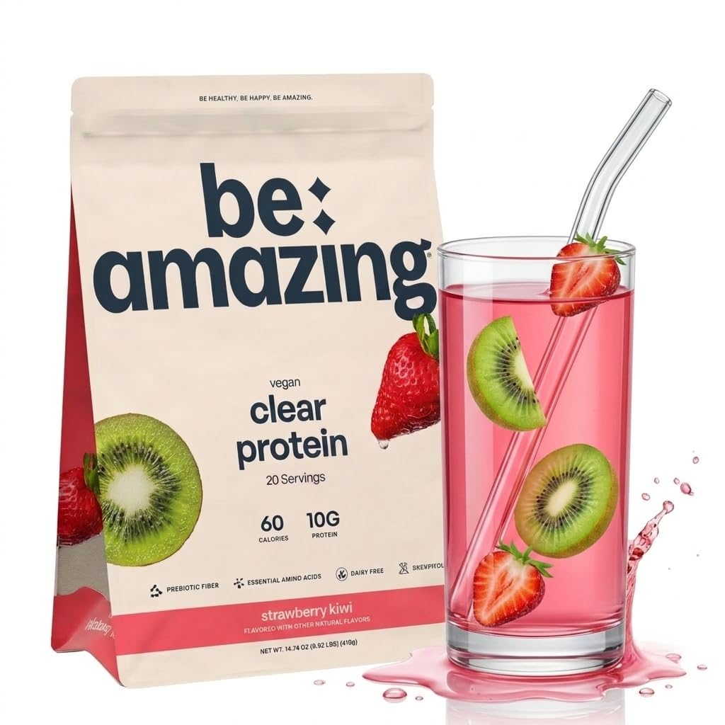 BE AMAZING Clear Vegan Protein Powder with Electrolytes – 10g Pea Protein, No Added Sugar, Prebiotic Fiber, Coconut Water, Gluten Free, Dairy Free, Non-GMO – Strawberry Kiwi, 20 Servings