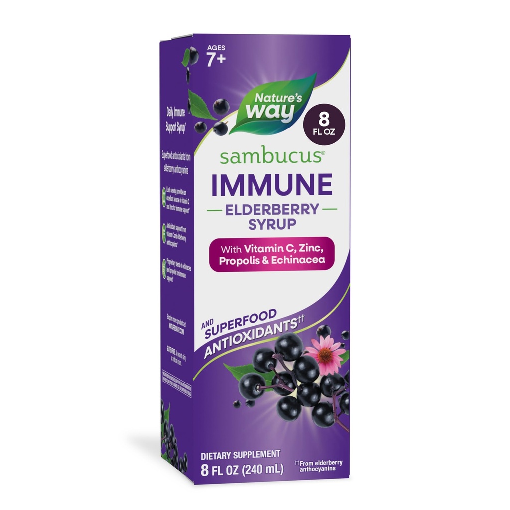 Nature’s Way Sambucus Immune Elderberry Syrup with Vitamin C, Zinc, Echinacea & Propolis, Concentrated Black Elderberry Extract, Immune Support with Superfood Antioxidants(1)*, Berry Flavored, 8 Fl Oz