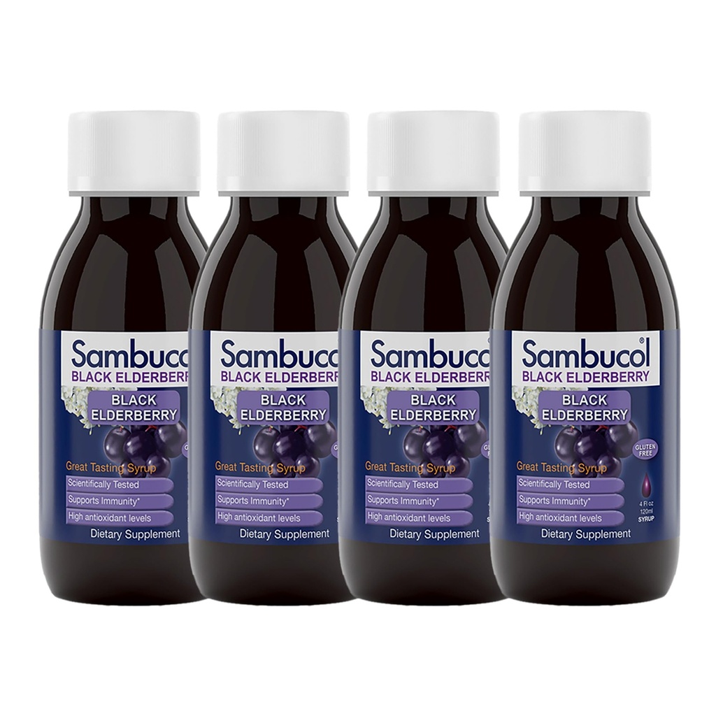 Sambucol Black Elderberry Syrup - Black Elderberry Liquid, Immune Support for Kids and Adults, High Antioxidants, Gluten-Free - Original Formula, 4 Fl Oz, 4-Pack
